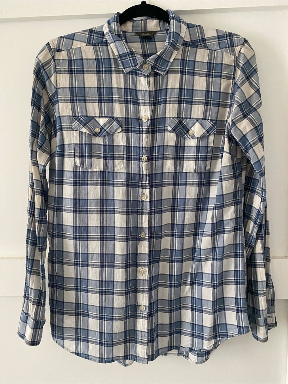 Eddie Bauer Women’s Lightweight Cotton Blend Blue & White Plaid Summer Shirt